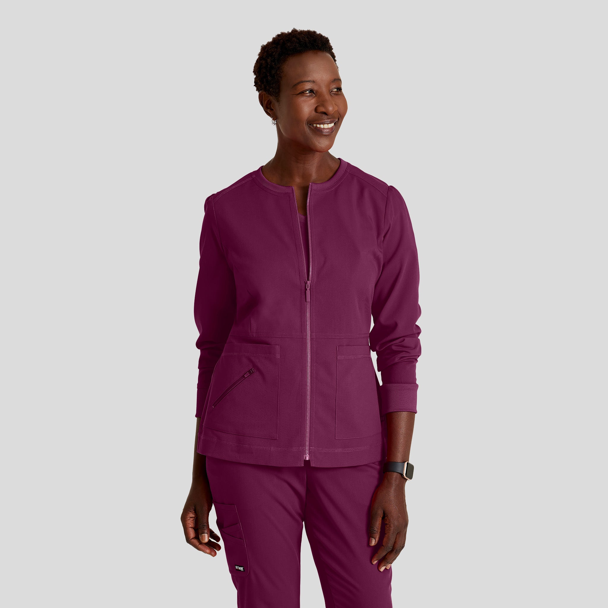 Millie 3-Pocket Crewneck Scrub Jacket | Wine