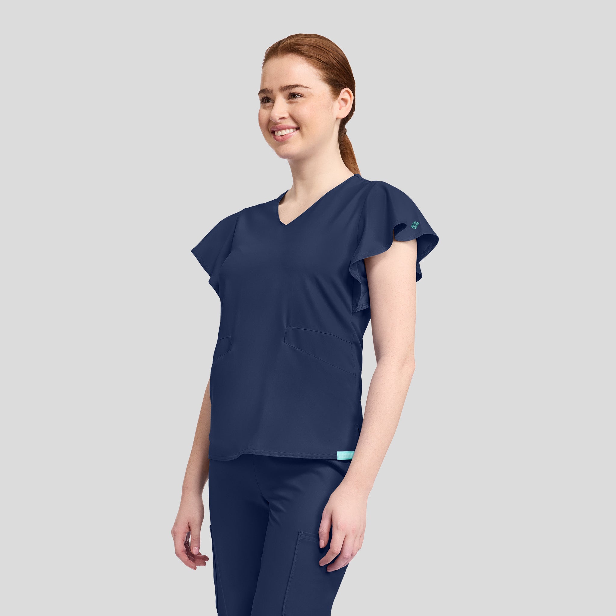 2-Pocket Flutter Sleeve V-Neck Scrub Top | Navy