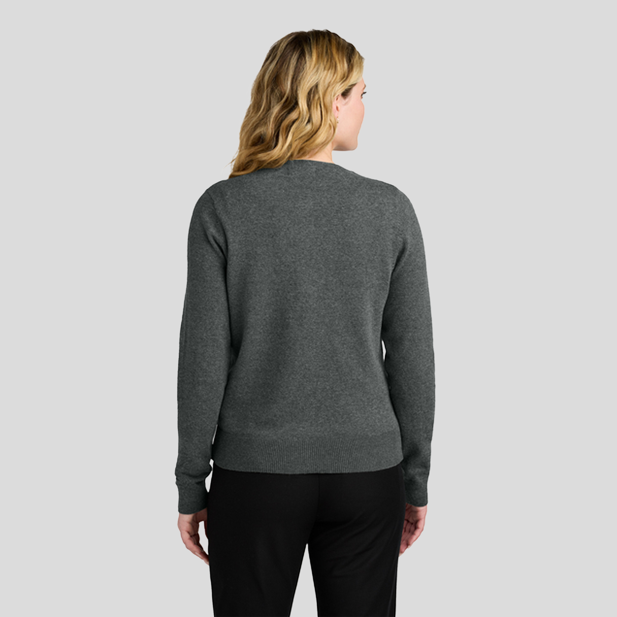 Womenโs Easy Care Crewneck Cardigan Sweater | Charcoal Heather