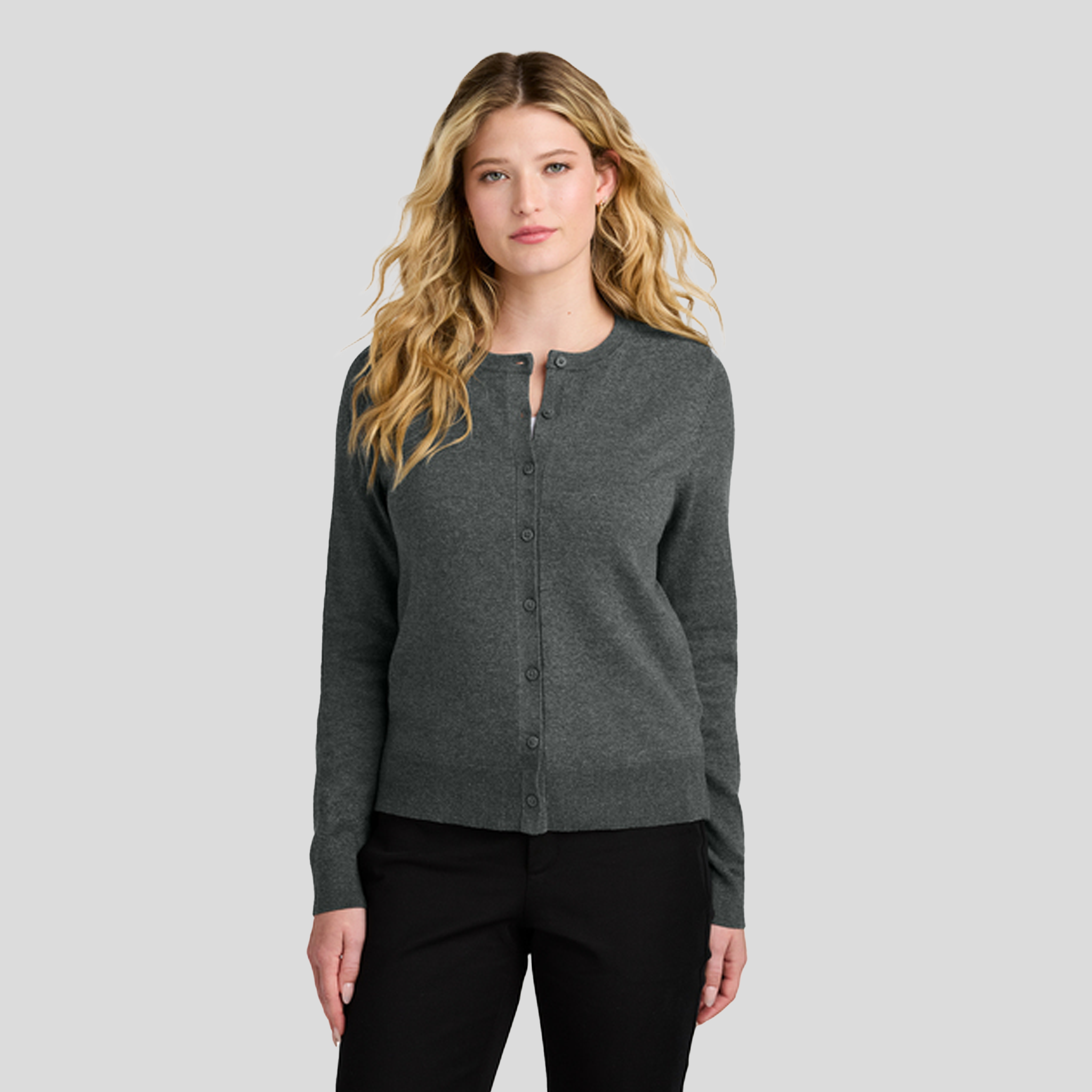 Womenโs Easy Care Crewneck Cardigan Sweater | Charcoal Heather