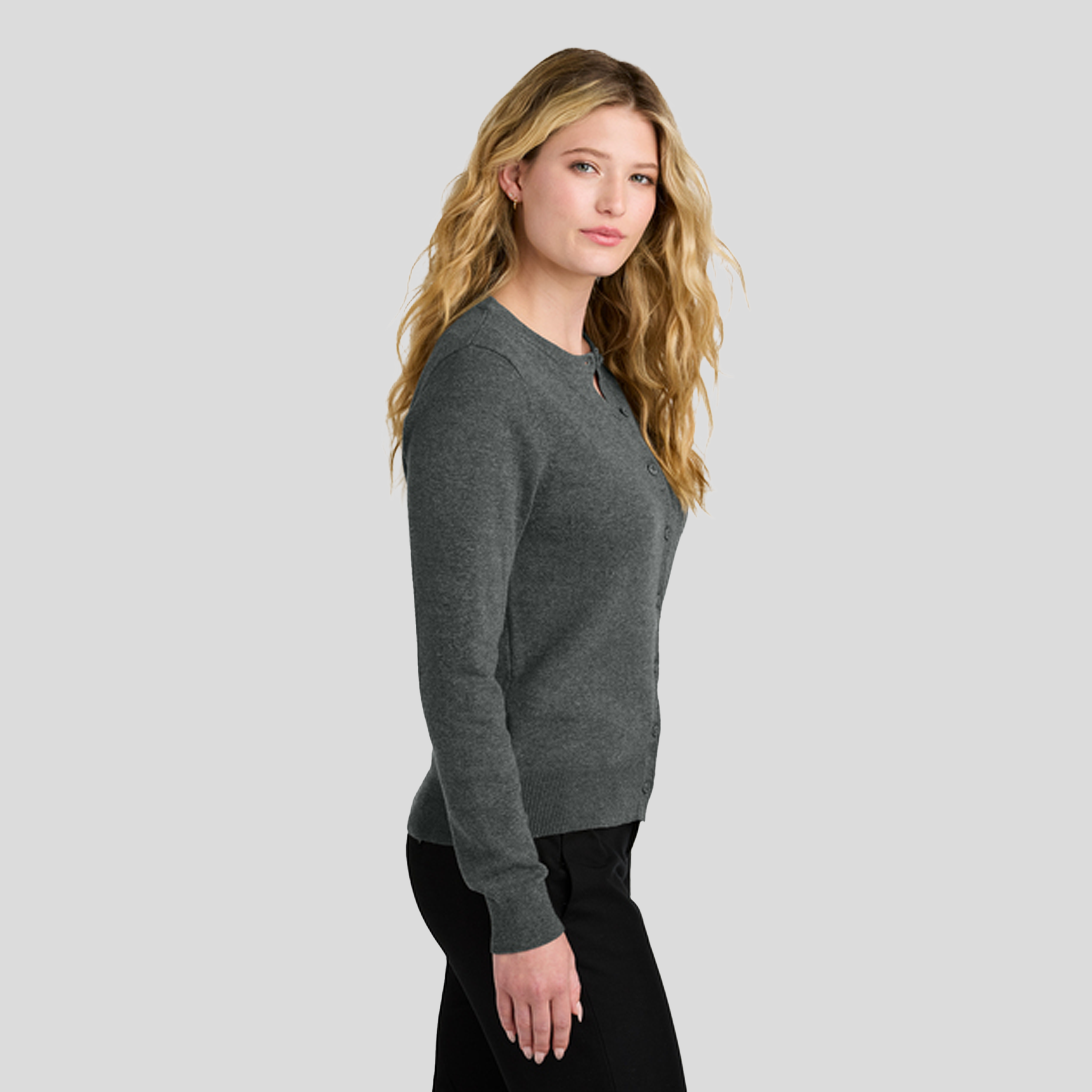 Womenโs Easy Care Crewneck Cardigan Sweater | Charcoal Heather