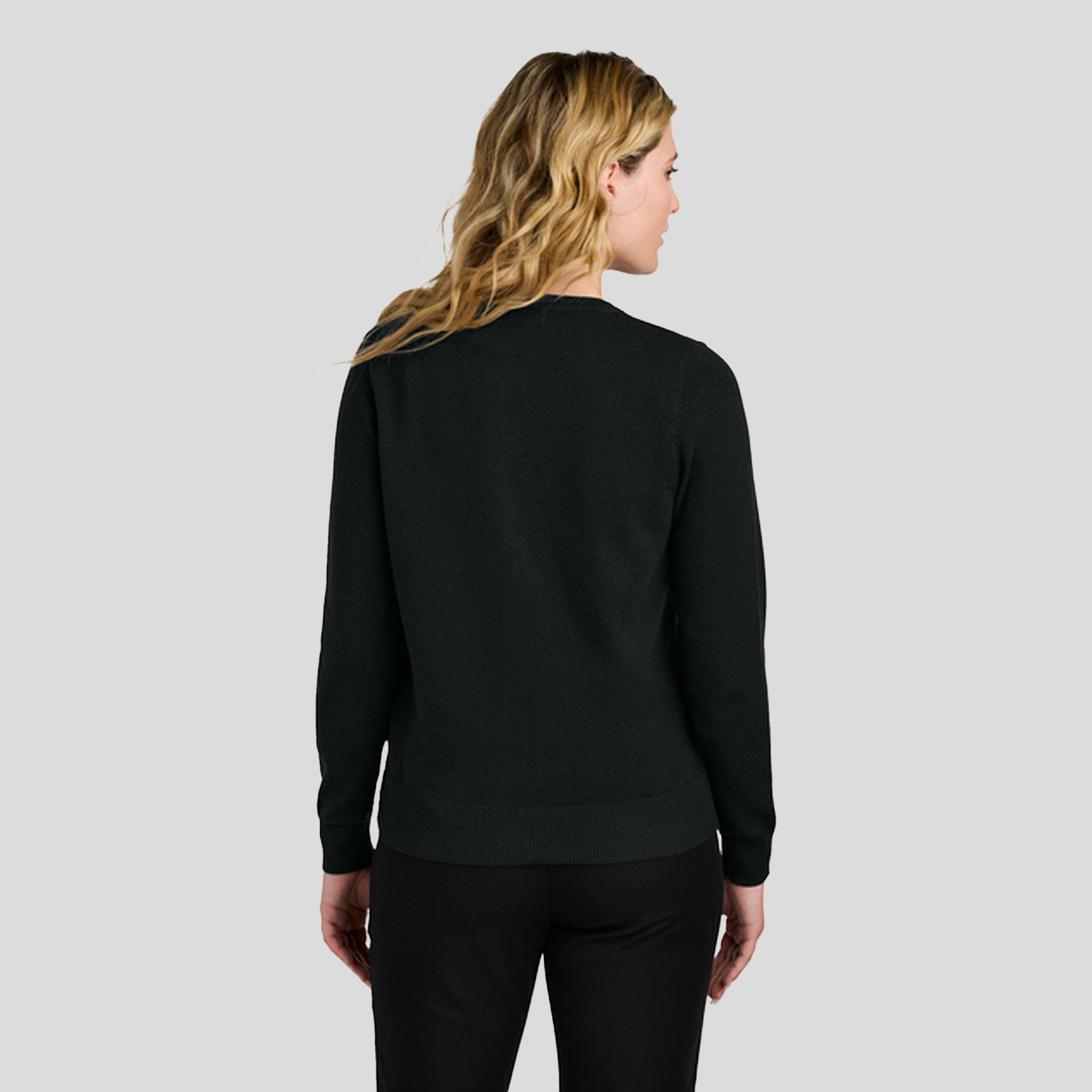 Womenโs Easy Care Crewneck Cardigan Sweater | Deep Black