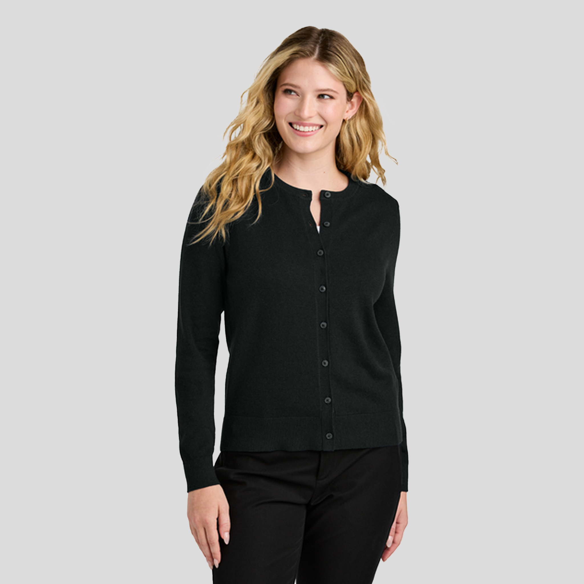 Womenโs Easy Care Crewneck Cardigan Sweater | Deep Black