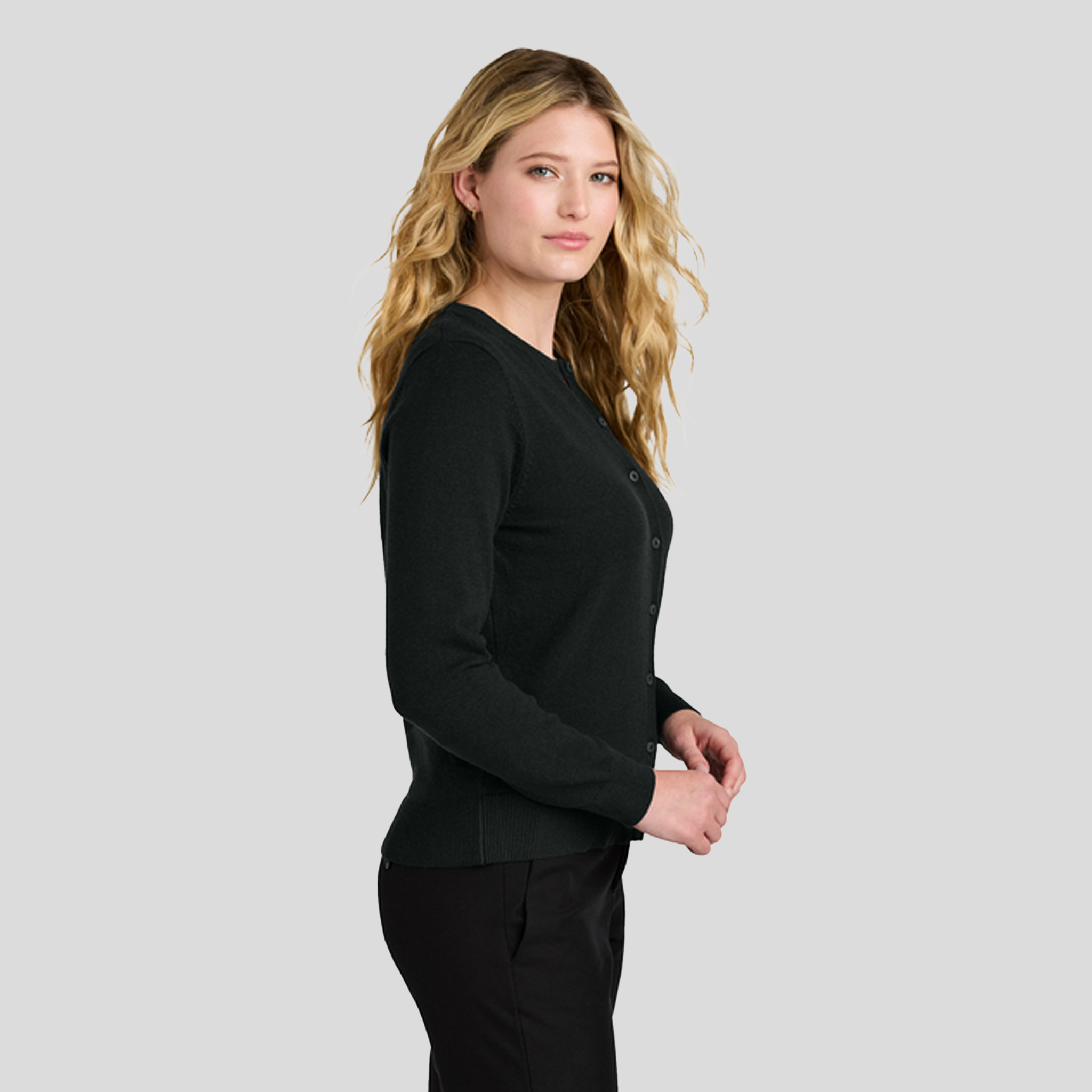 Womenโs Easy Care Crewneck Cardigan Sweater | Deep Black