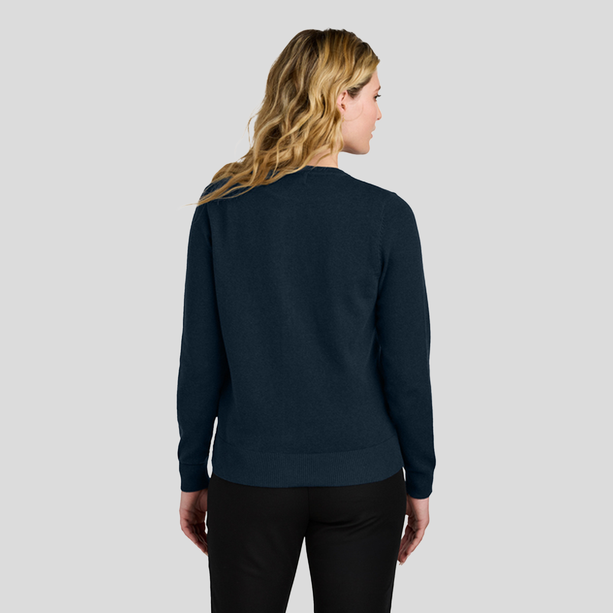 Womenโs Easy Care Crewneck Cardigan Sweater | River Blue Navy