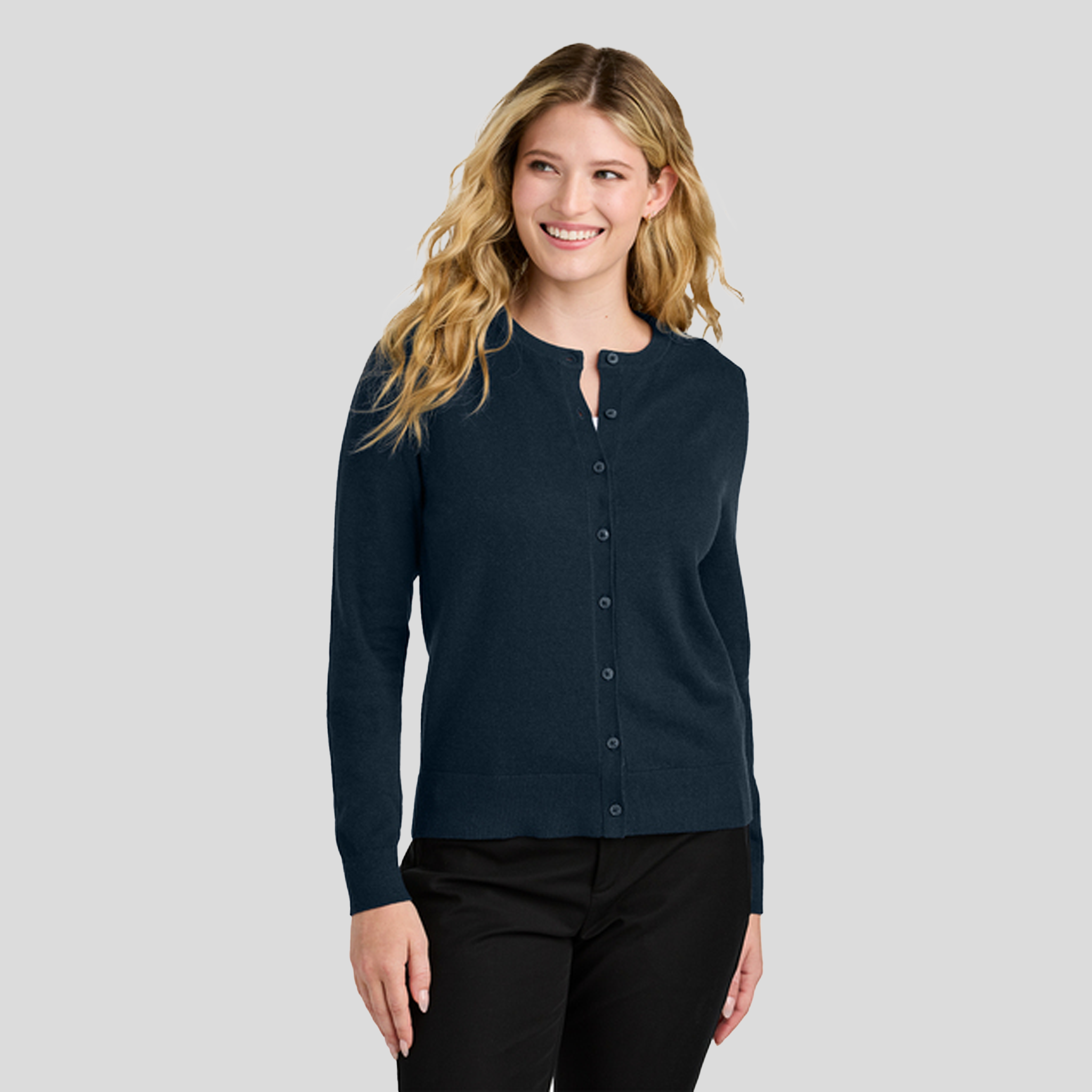 Womenโs Easy Care Crewneck Cardigan Sweater | River Blue Navy