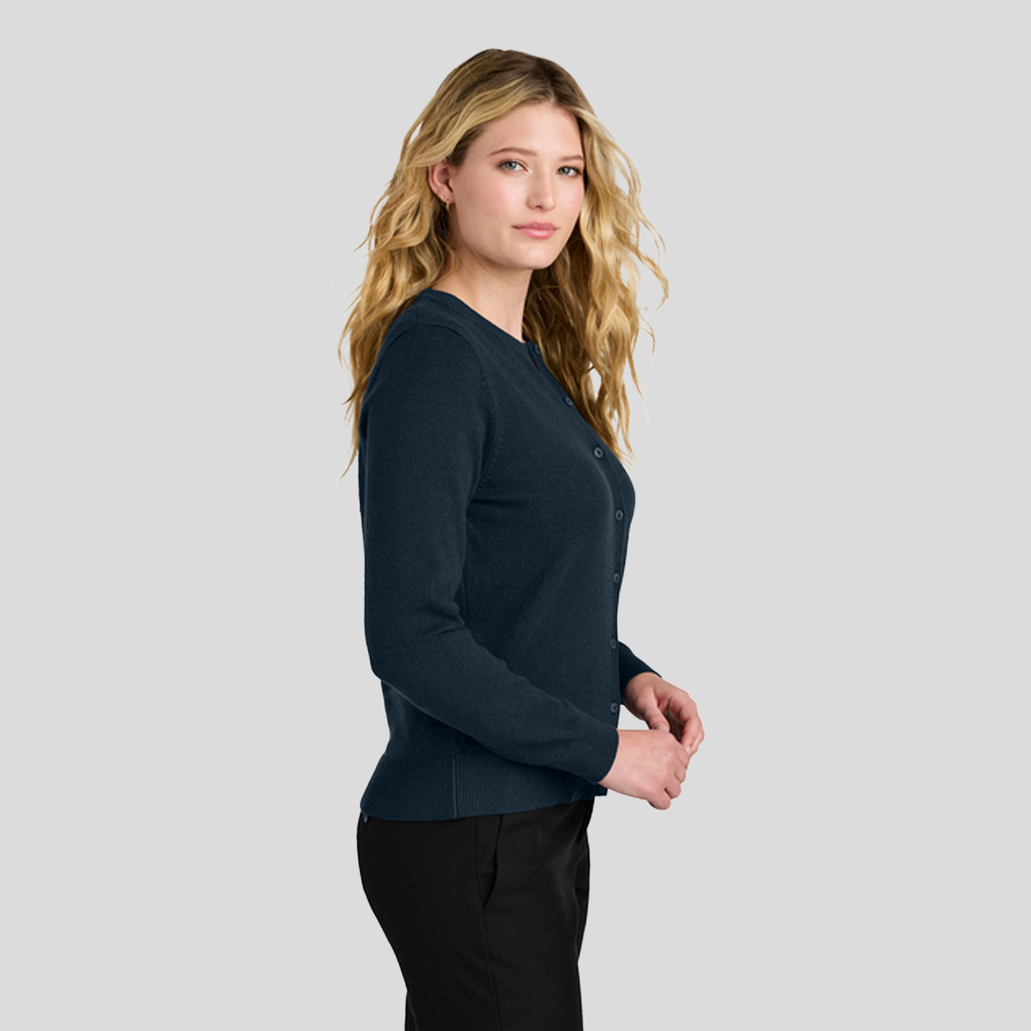 Womenโs Easy Care Crewneck Cardigan Sweater | River Blue Navy