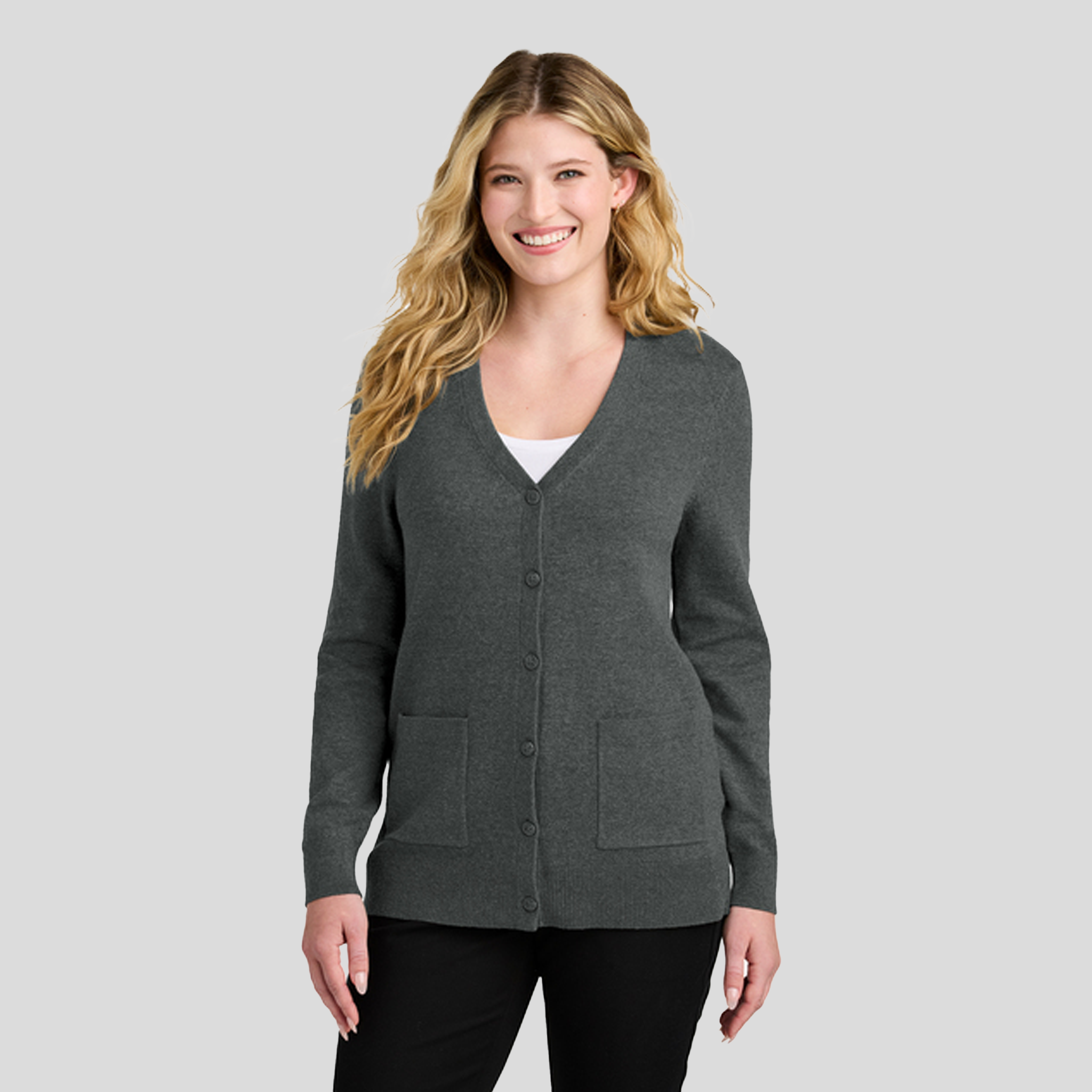 Womenβs Easy Care Button-Up Cardigan Sweater | Charcoal Heather