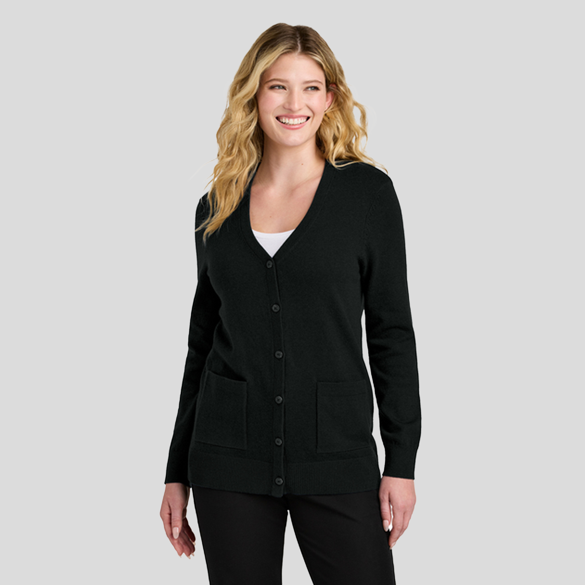 Womenβs Easy Care Button-Up Cardigan Sweater | Deep Black