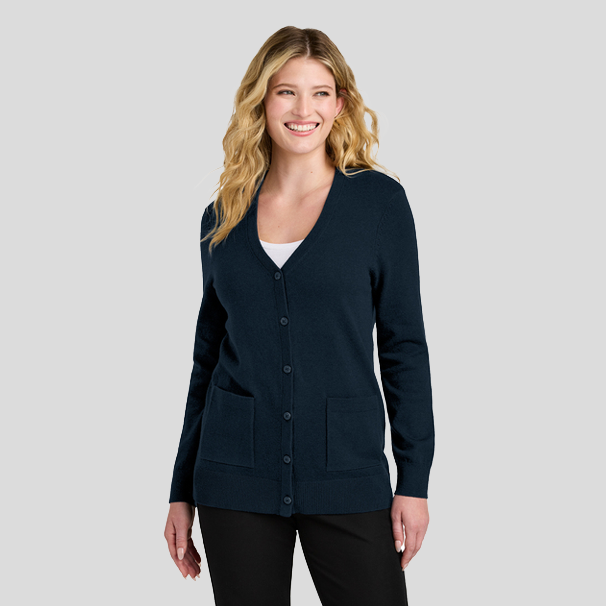 Womenβs Easy Care Button-Up Cardigan Sweater | River Blue Navy