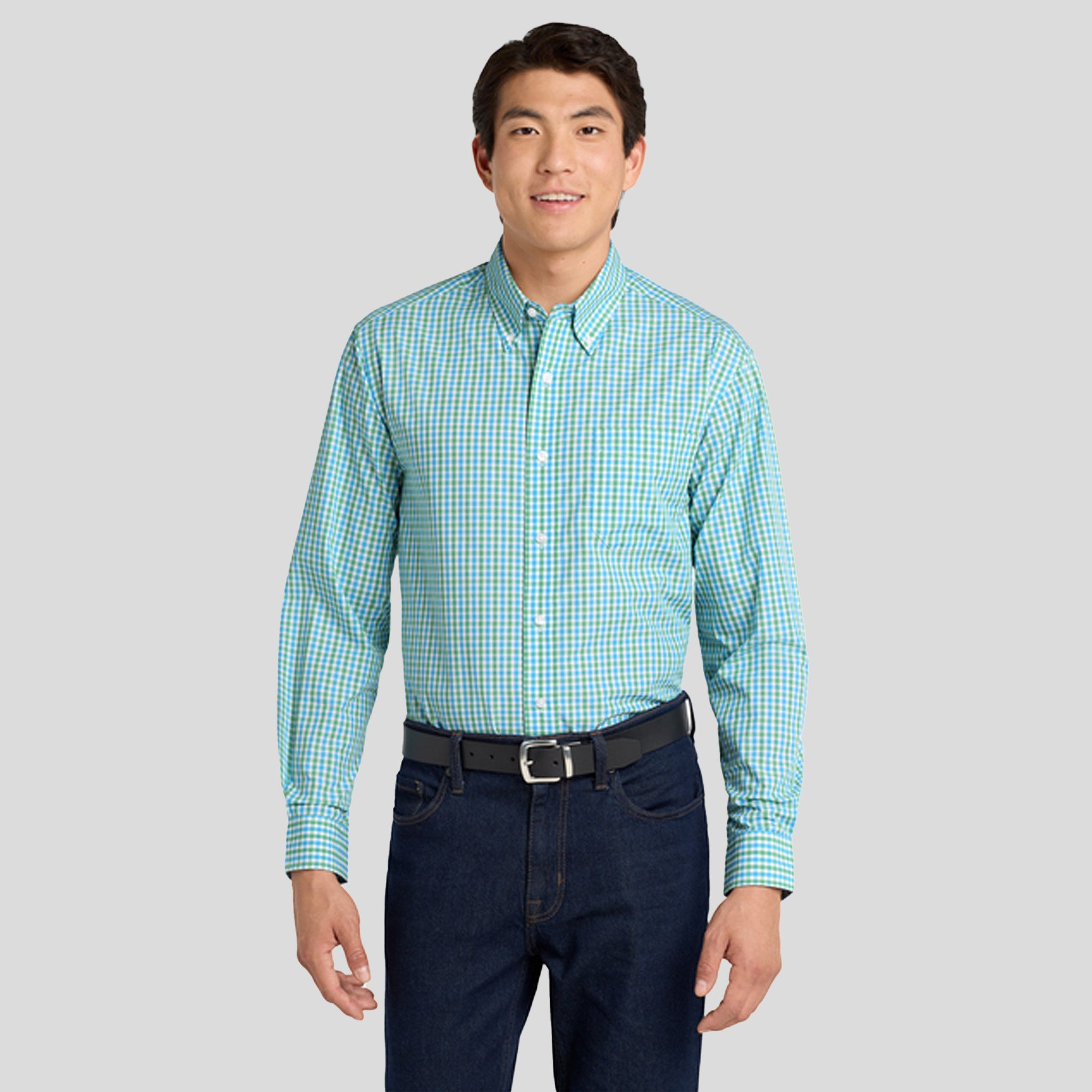 Long Sleeve Gingham Easy Care Shirt | Green/Aqua