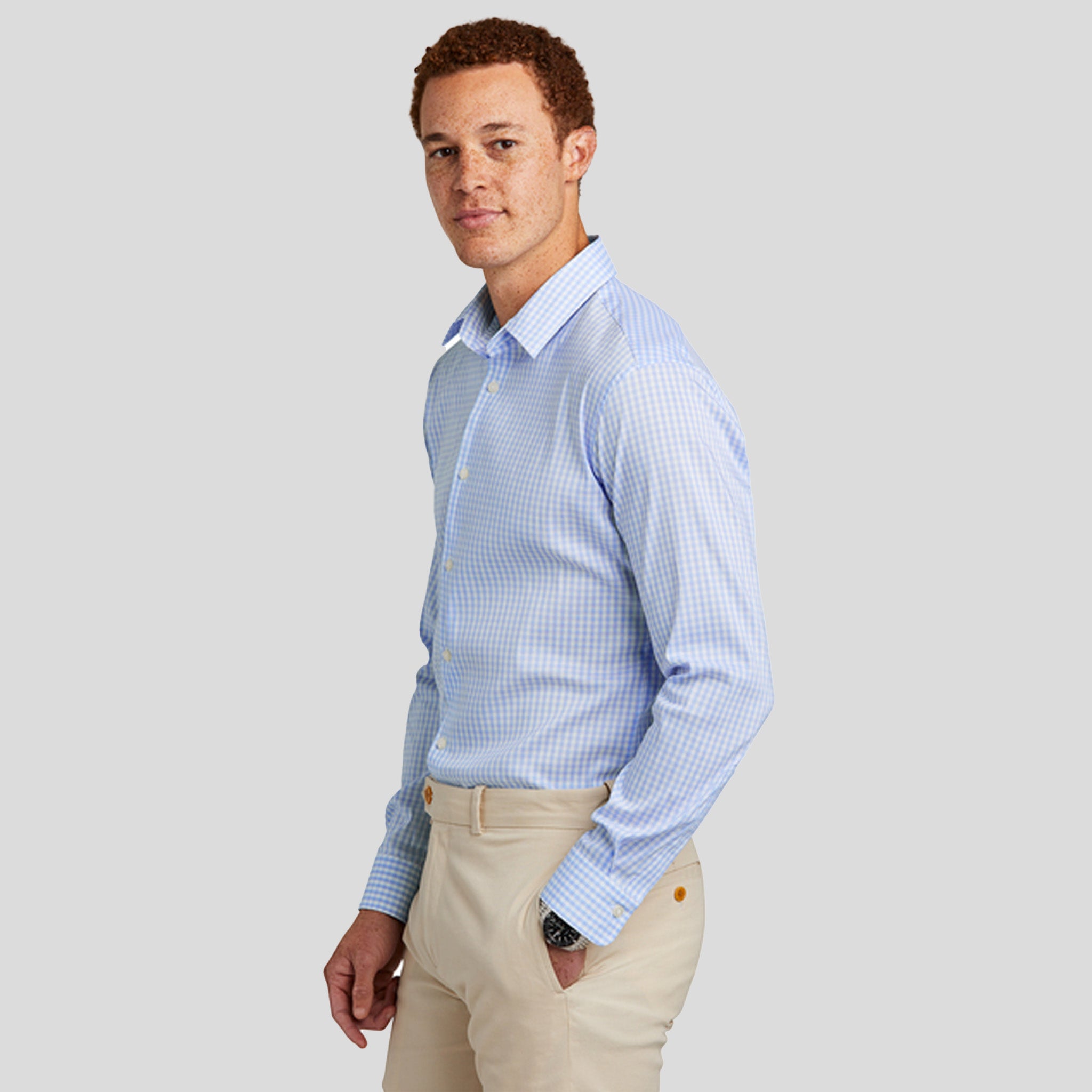 Tech Stretch Patterned Shirt | Newport Blue/Pearl Pink Fine Check