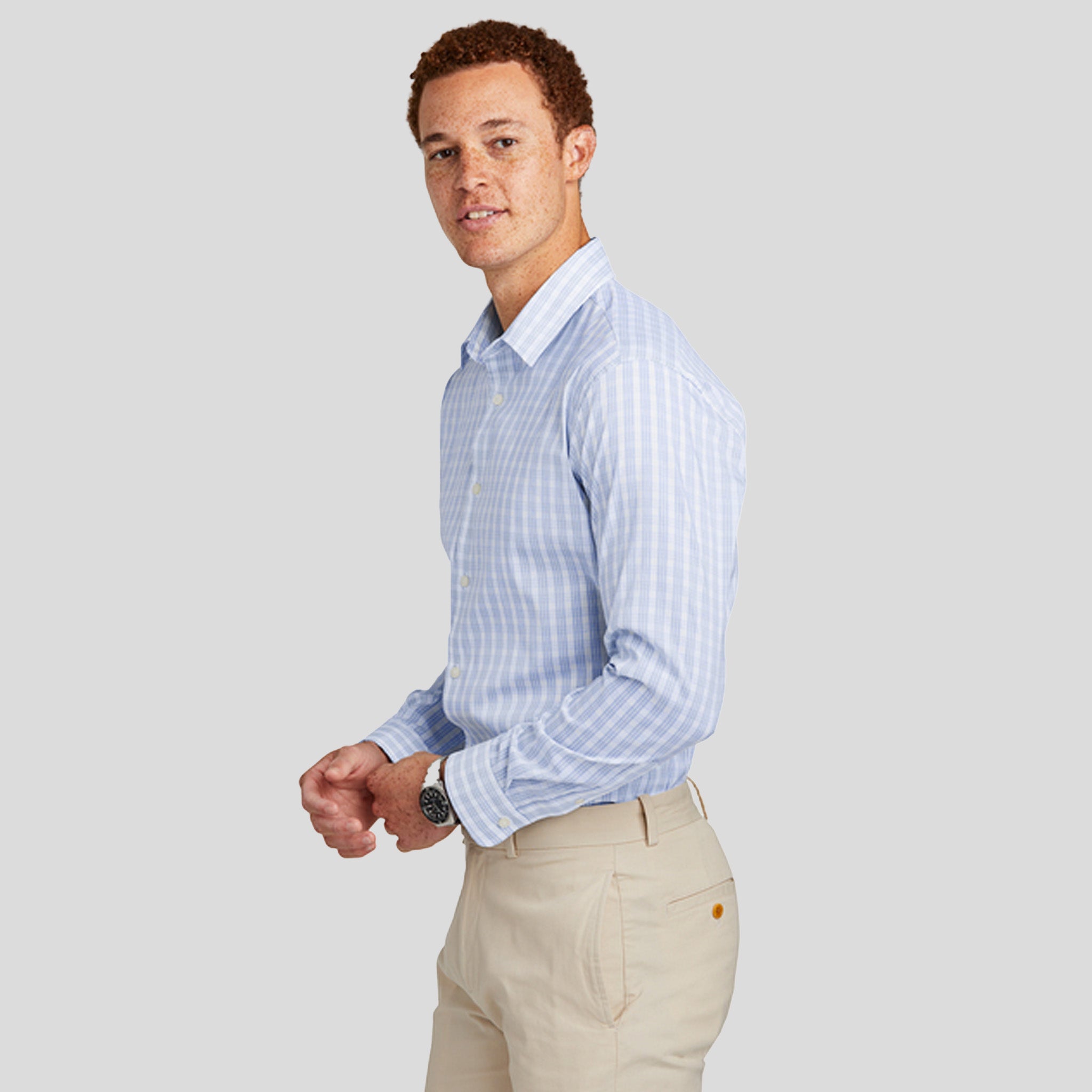 Tech Stretch Patterned Shirt | White/Newport Blue Grid Check