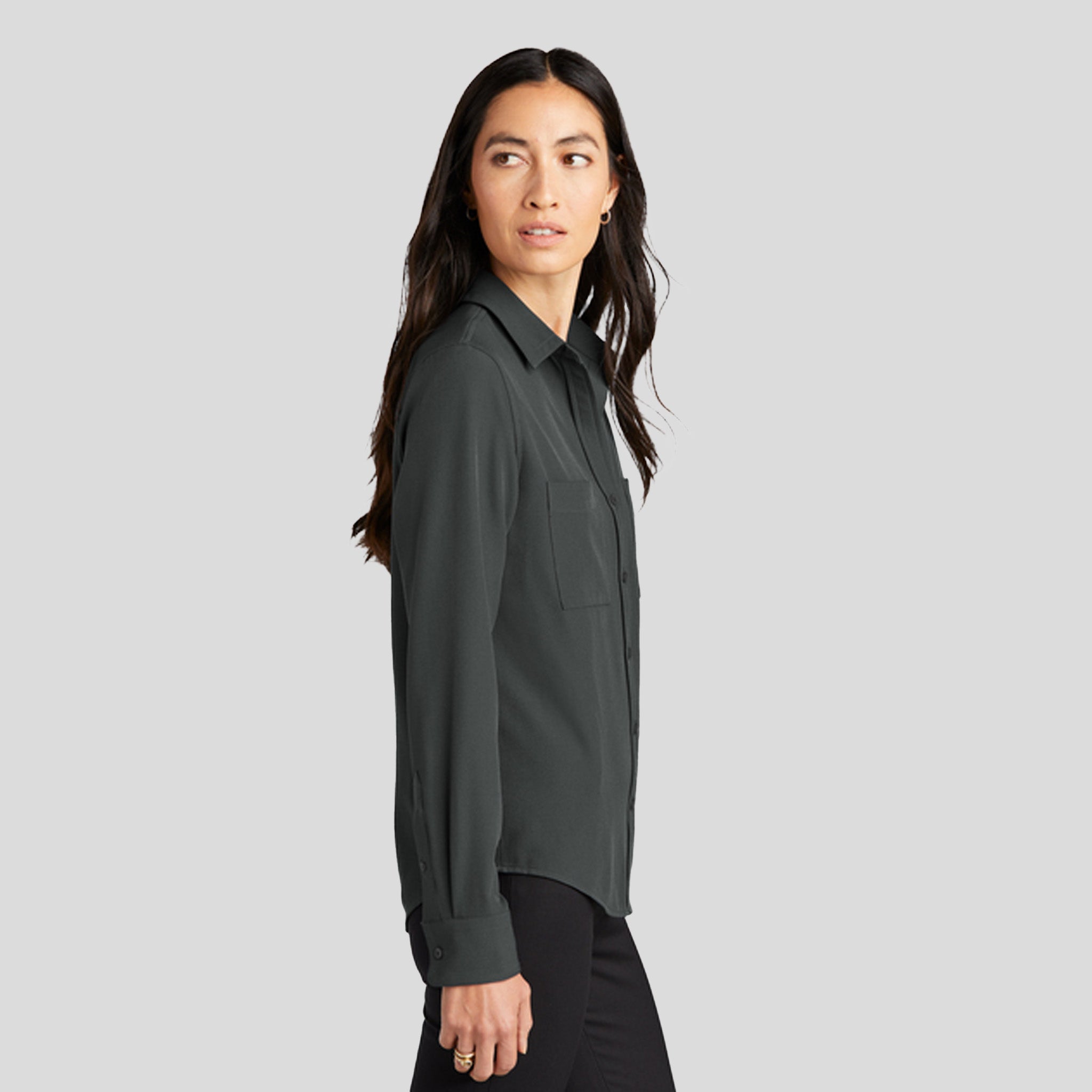 Women's Stretch Crepe Long Sleeve Camp Blouse | Anchor Grey