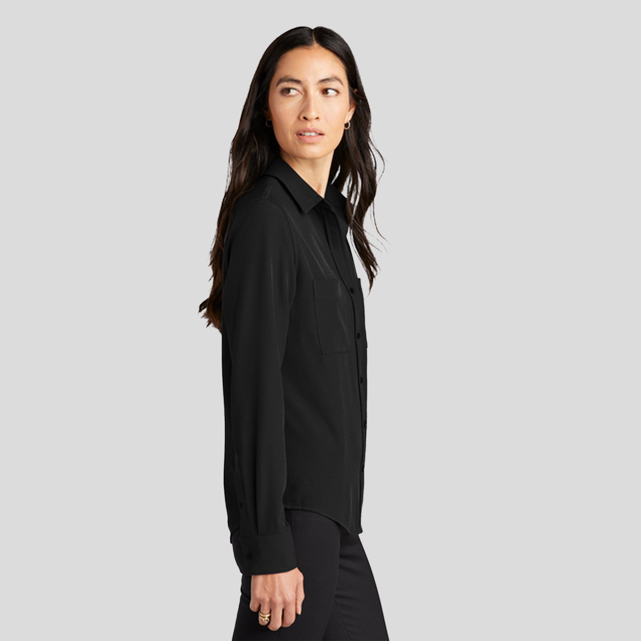Women's Stretch Crepe Long Sleeve Camp Blouse | Deep Black