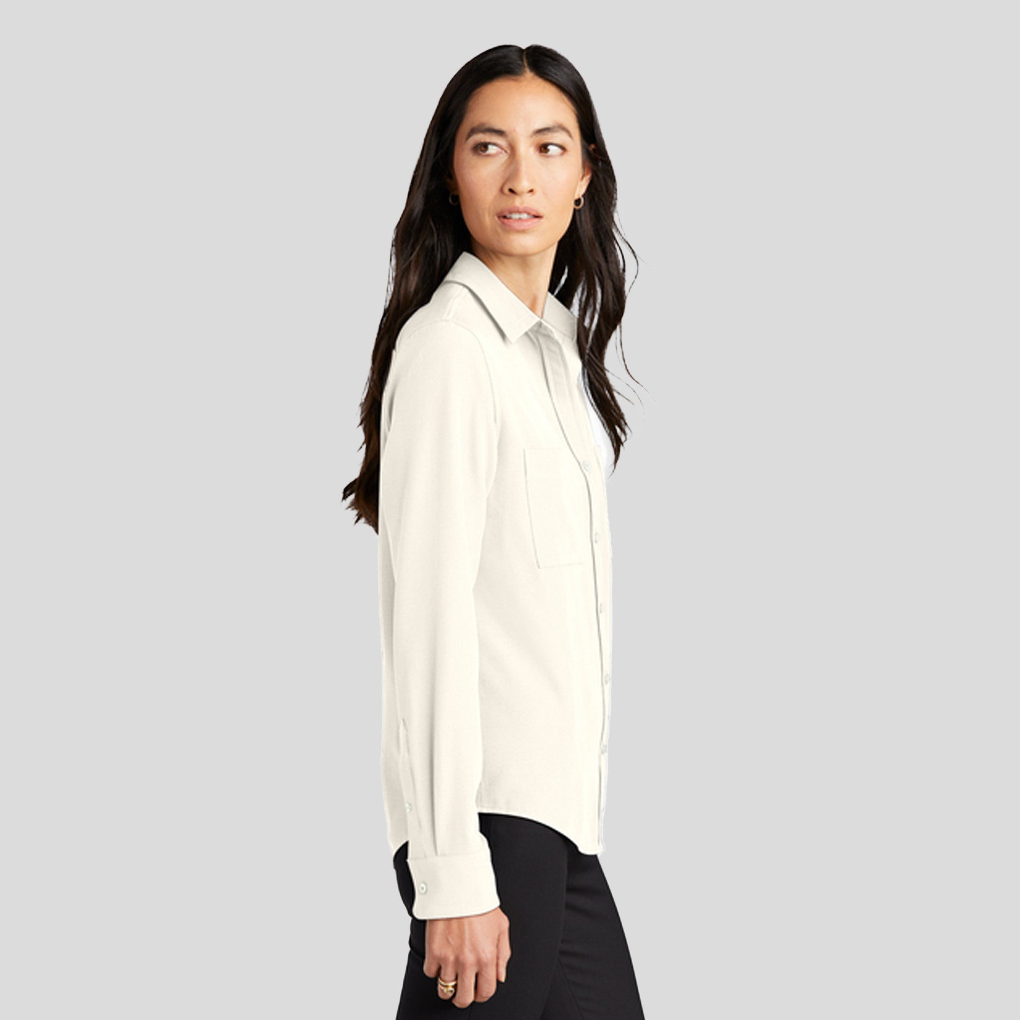 Women's Stretch Crepe Long Sleeve Camp Blouse | Ivory Chiffon