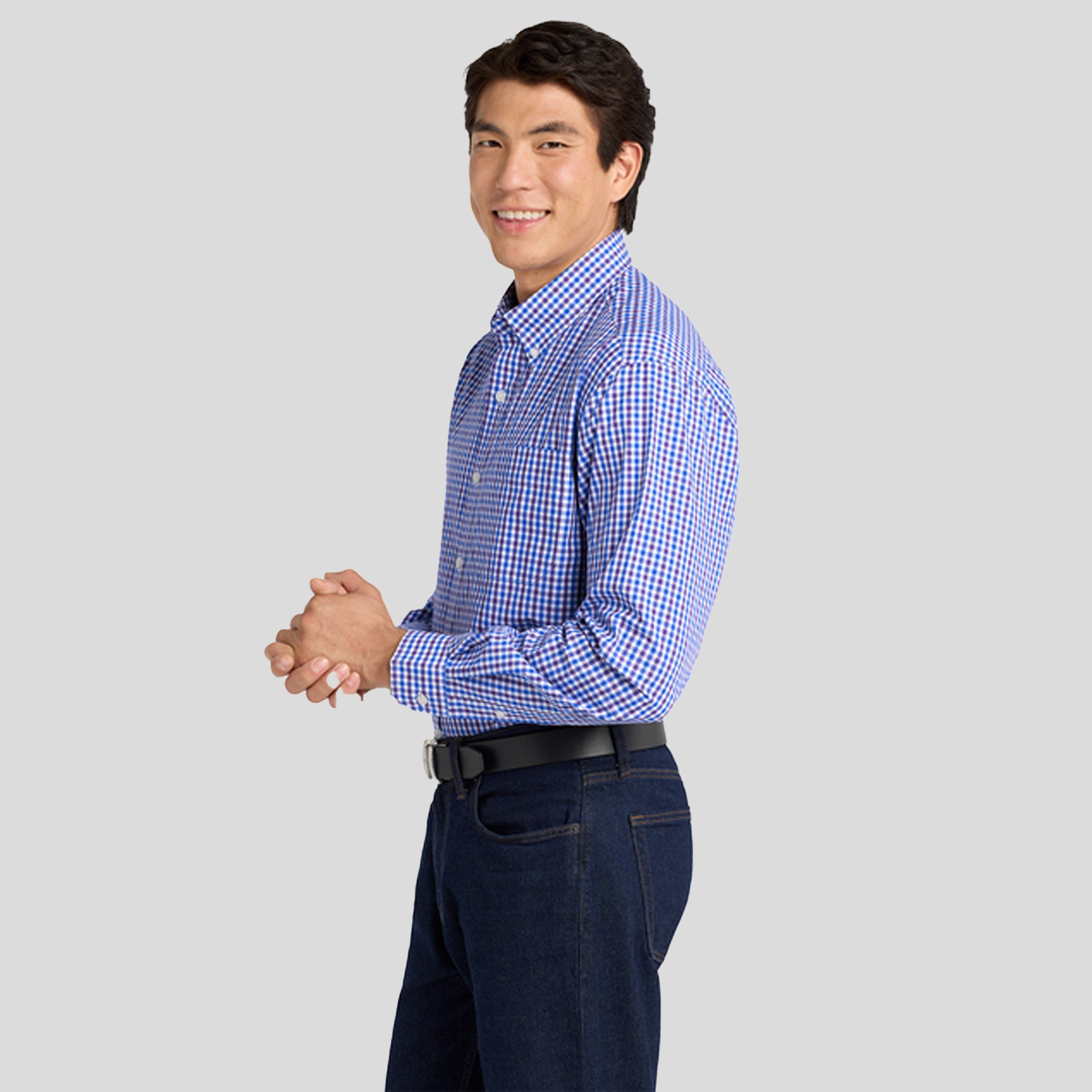 Long Sleeve Gingham Easy Care Shirt | Blue/Purple